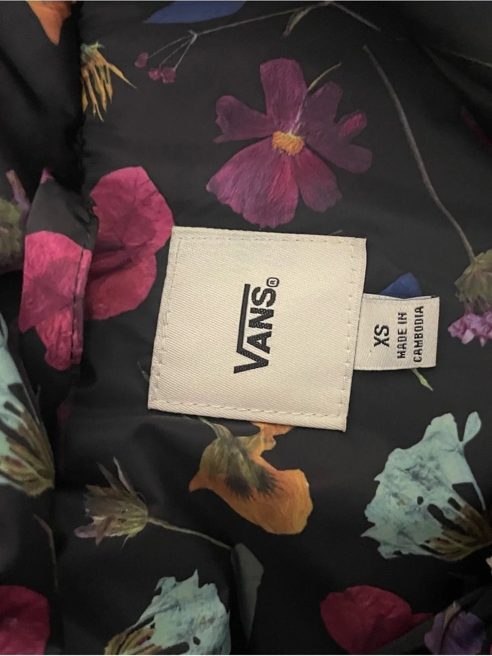 VANS Black Multicolor Floral Women's Puffer Jacket Zip Lined Pockets XS